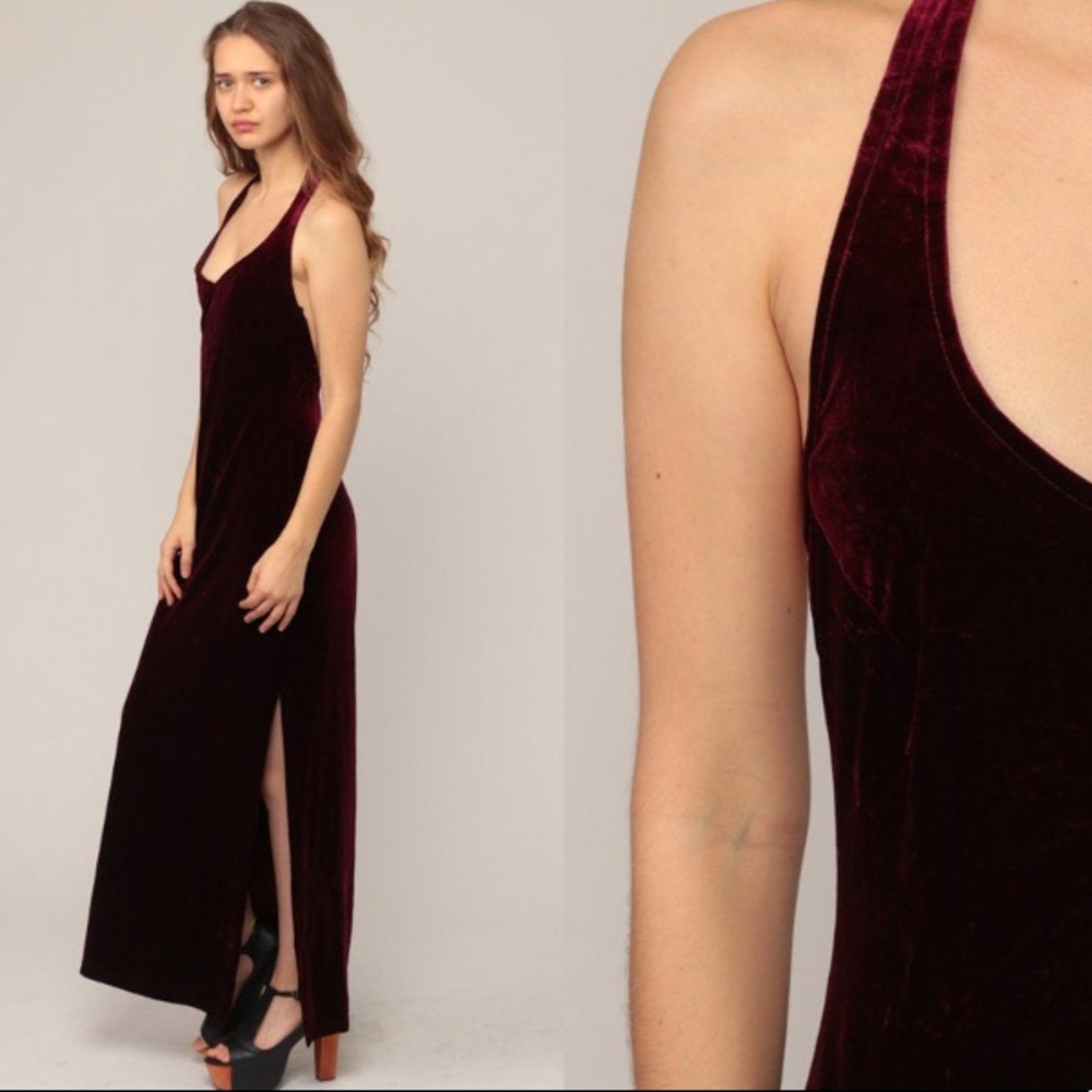 Velvet Dress 90s HIGH SLIT Halter Neck Maxi Burgundy Red BACKLESS 1990s M/L